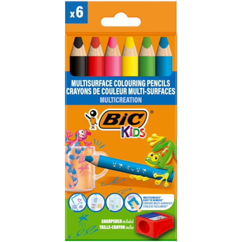 Matite colorate BIC Kids Multisurface con fusto triangolare in conf. 6 pezzi assortiti + temperamatite - 515220